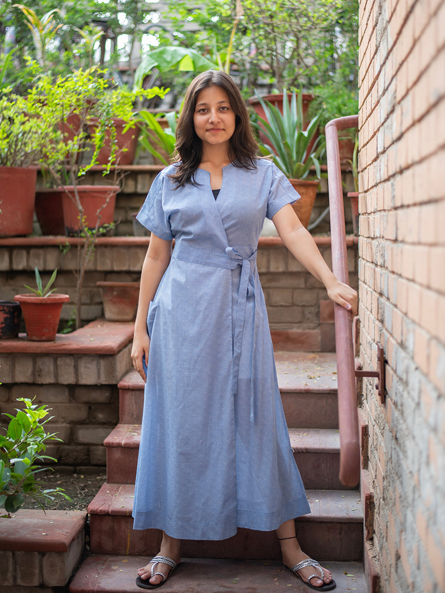 Pocket Wrap Dress Boro Bindi Blue - Main Image