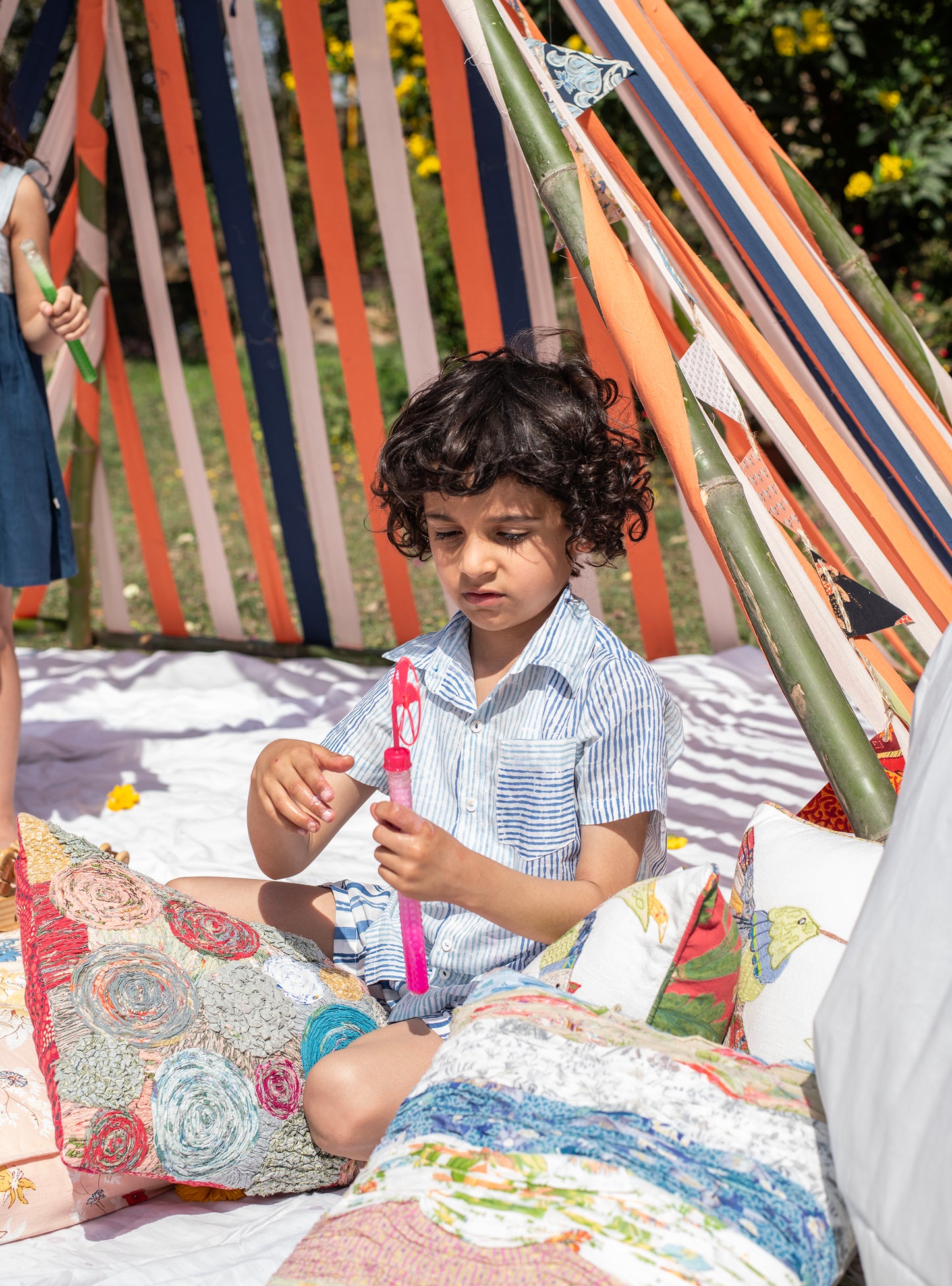 Baga - Kids Angad Half Sleeves Shirt Block Print: Stripe Blue