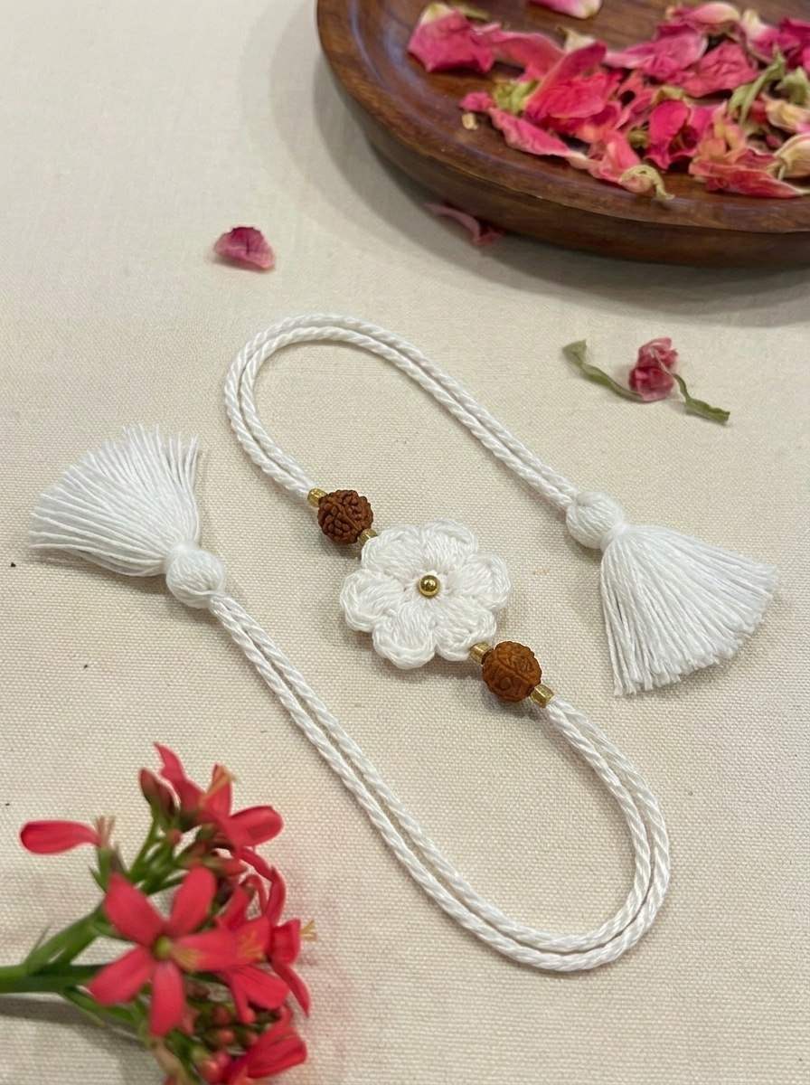 Rakhi : White Moti Flower Rudraksha
