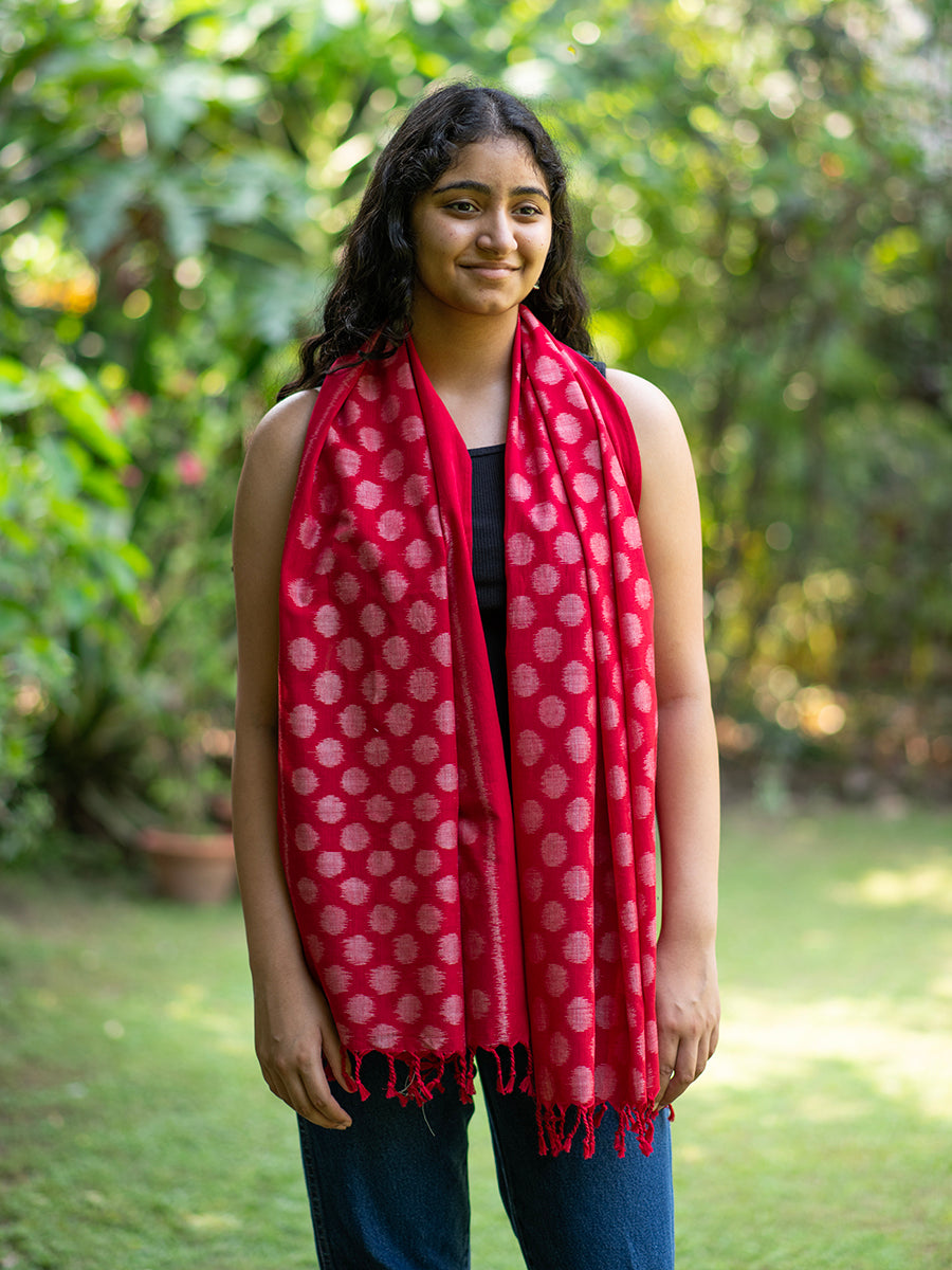 Handwoven Ikat Stole : Polka Red