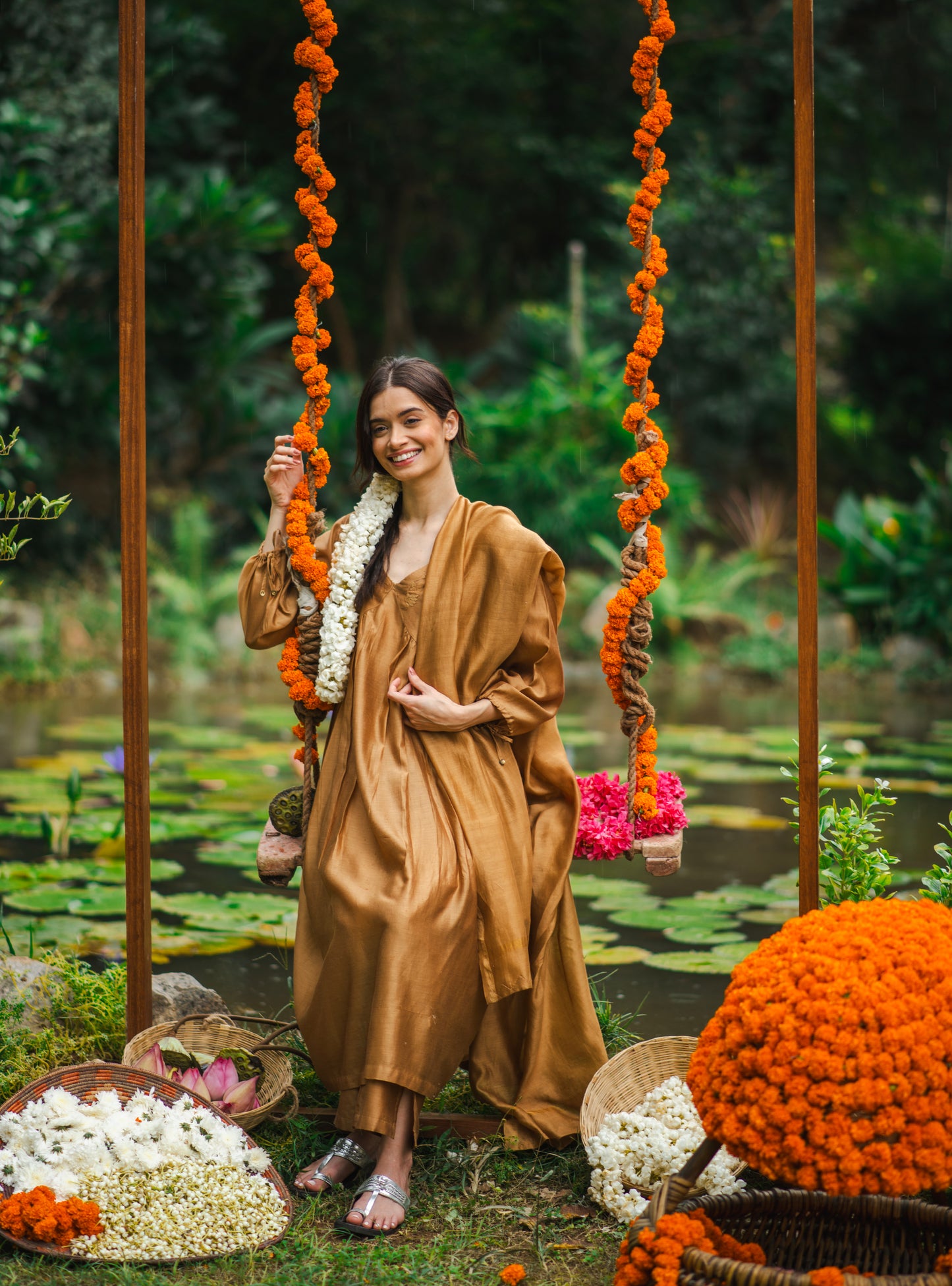 Slim Pant : Hand Applique Gold Chanderi