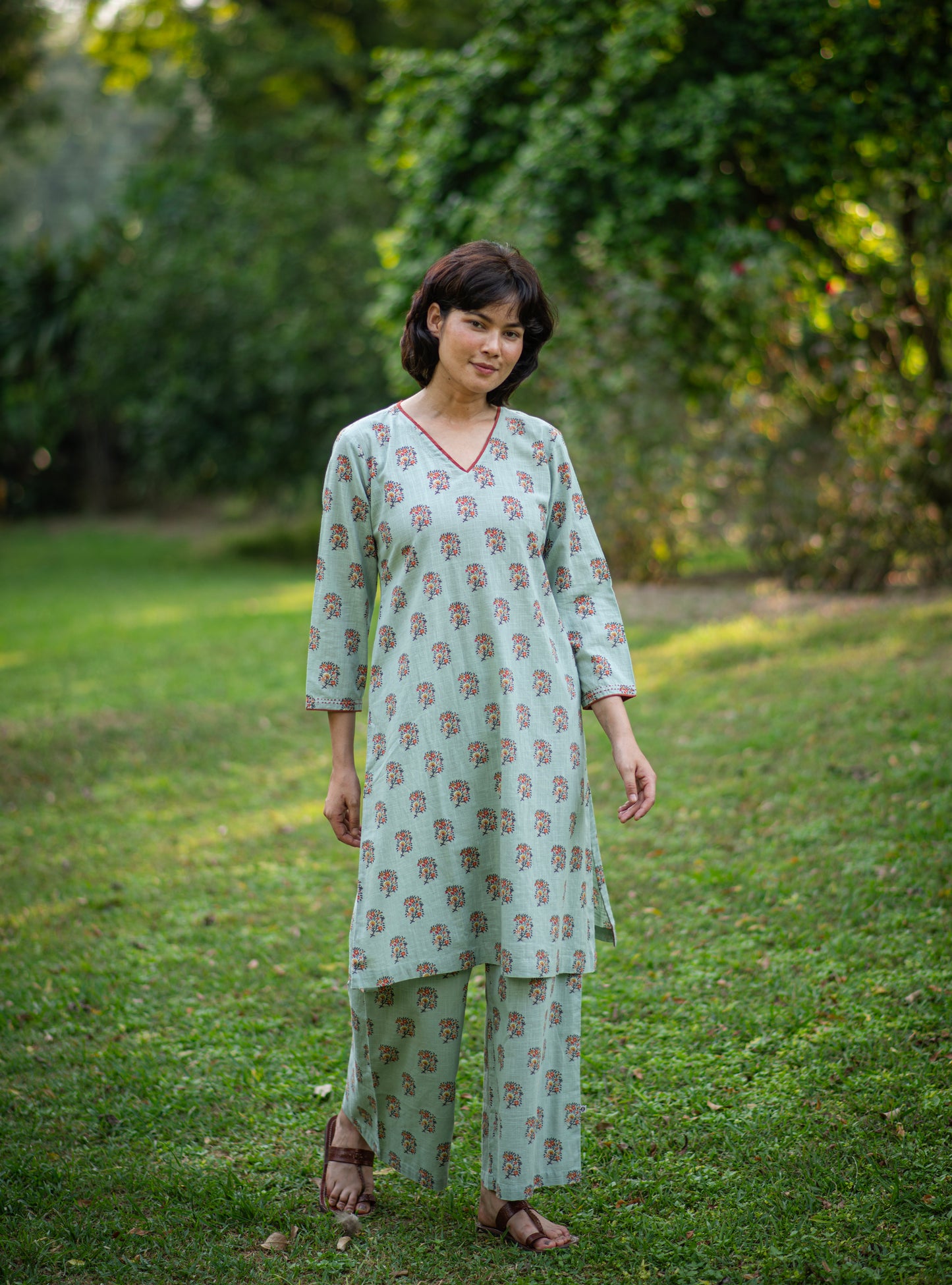 V Neck Kurta : Alyssa Blue Slub
