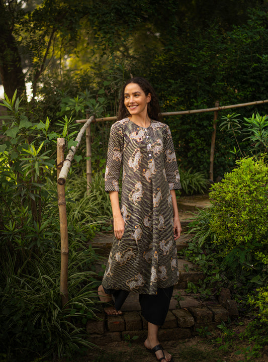A Line Kurta : Tiger Black Voile