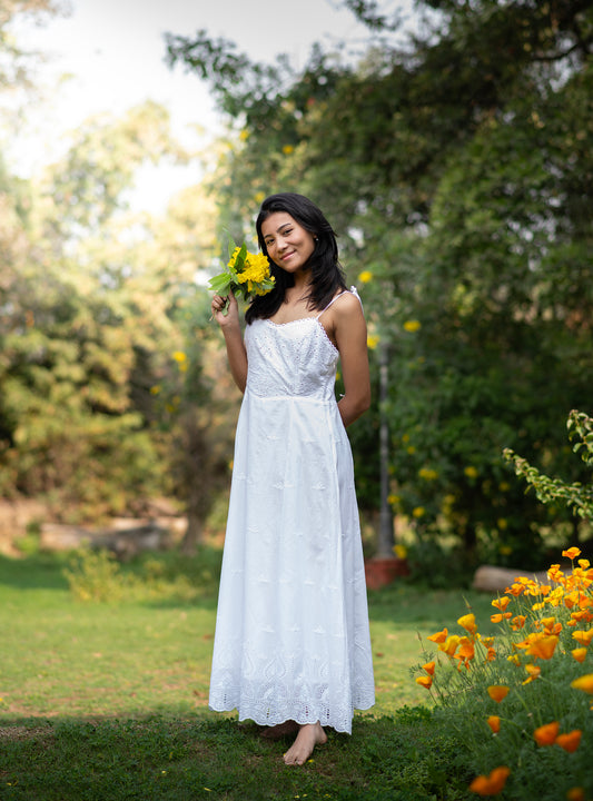 Angela Dress : Solid White Schiffli