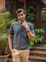 Men's Anthony Shirt Half Sleeves : Ajrakh Veena Indigo Voile