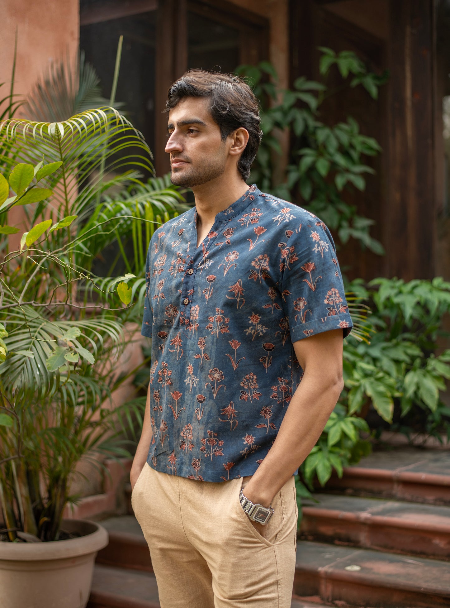 Men's Anthony Shirt Half Sleeves : Ajrakh Veena Indigo Voile