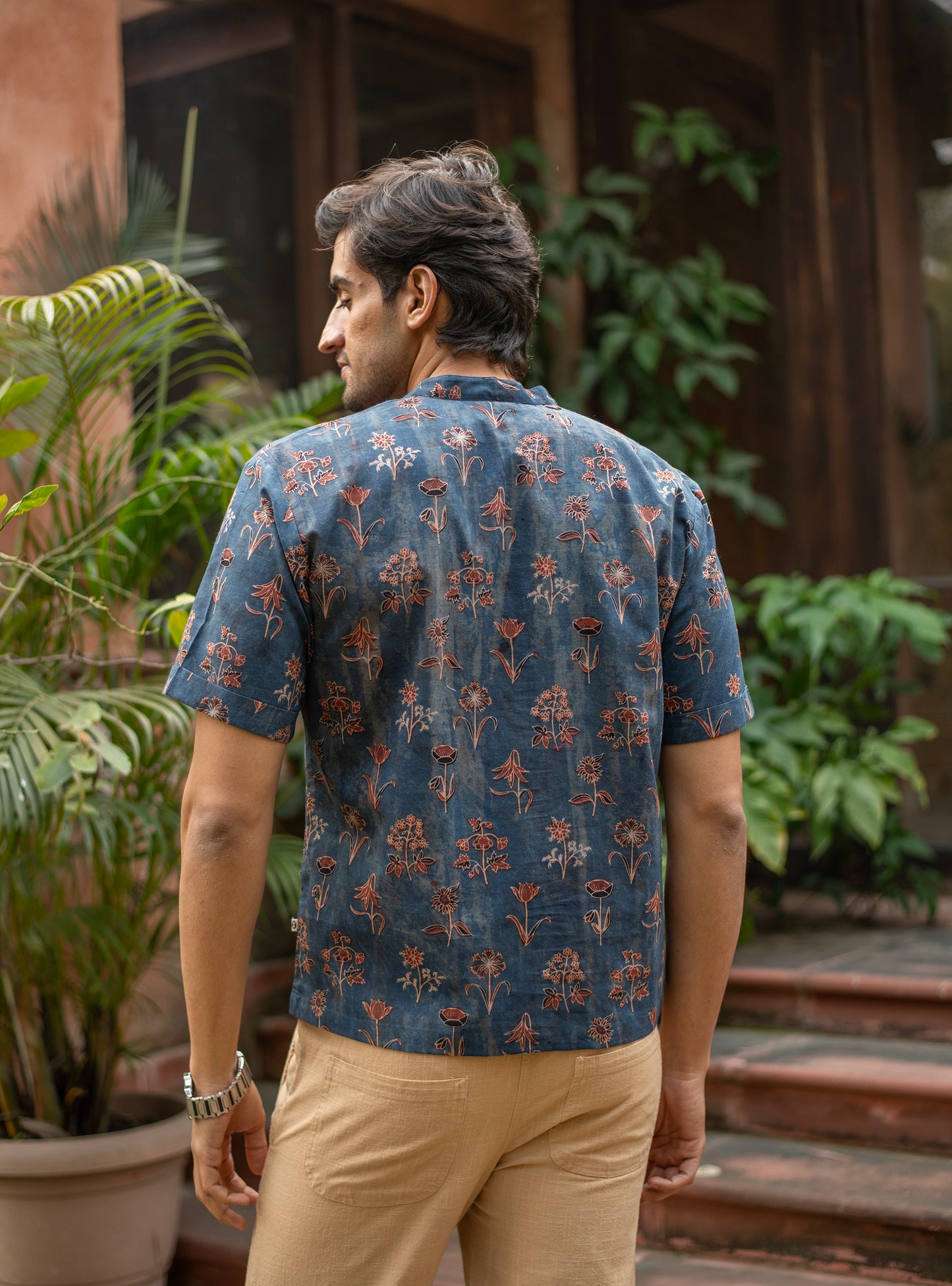 Men's Anthony Shirt Half Sleeves : Ajrakh Veena Indigo Voile