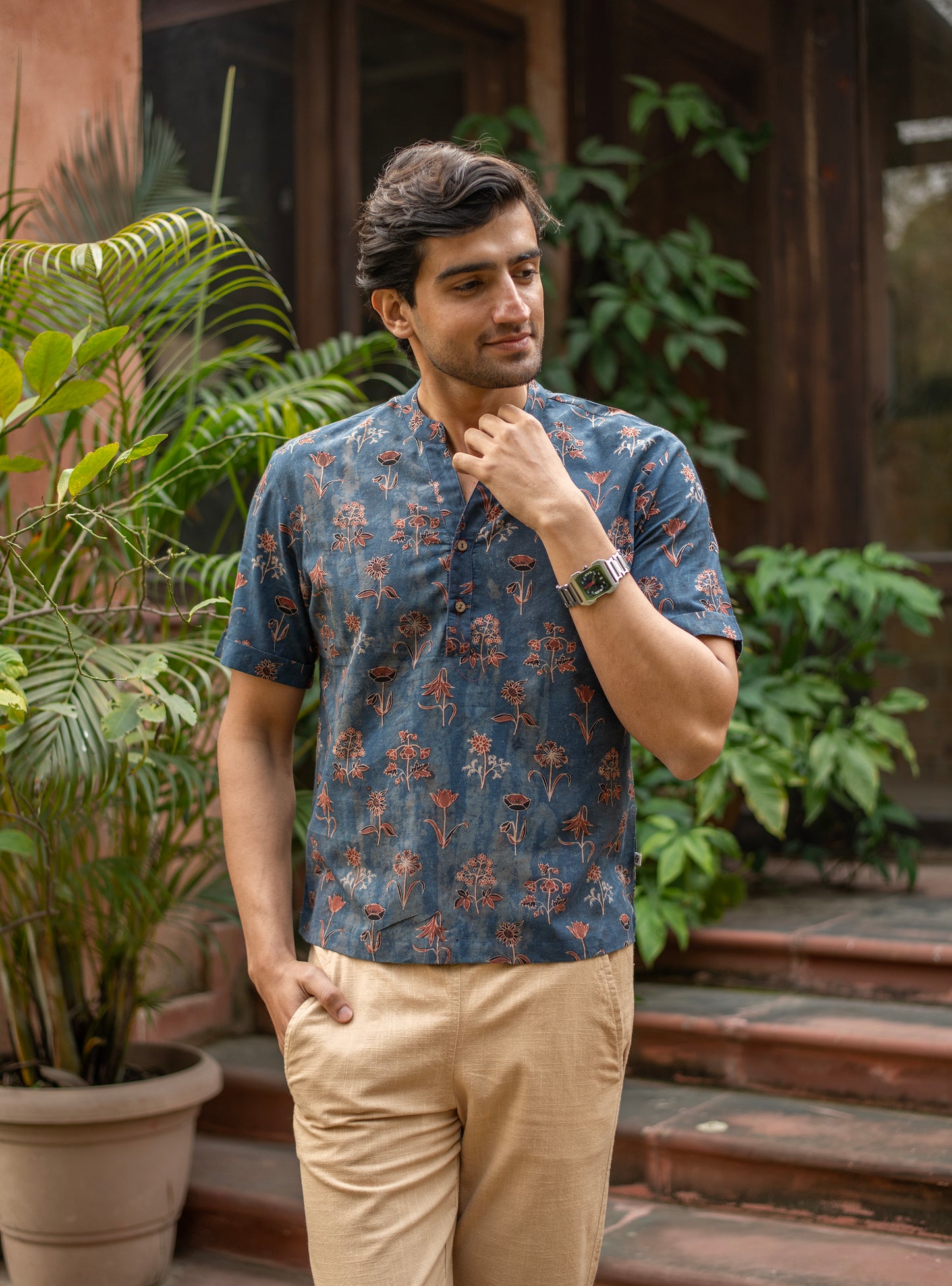 Men's Anthony Shirt Half Sleeves : Ajrakh Veena Indigo Voile