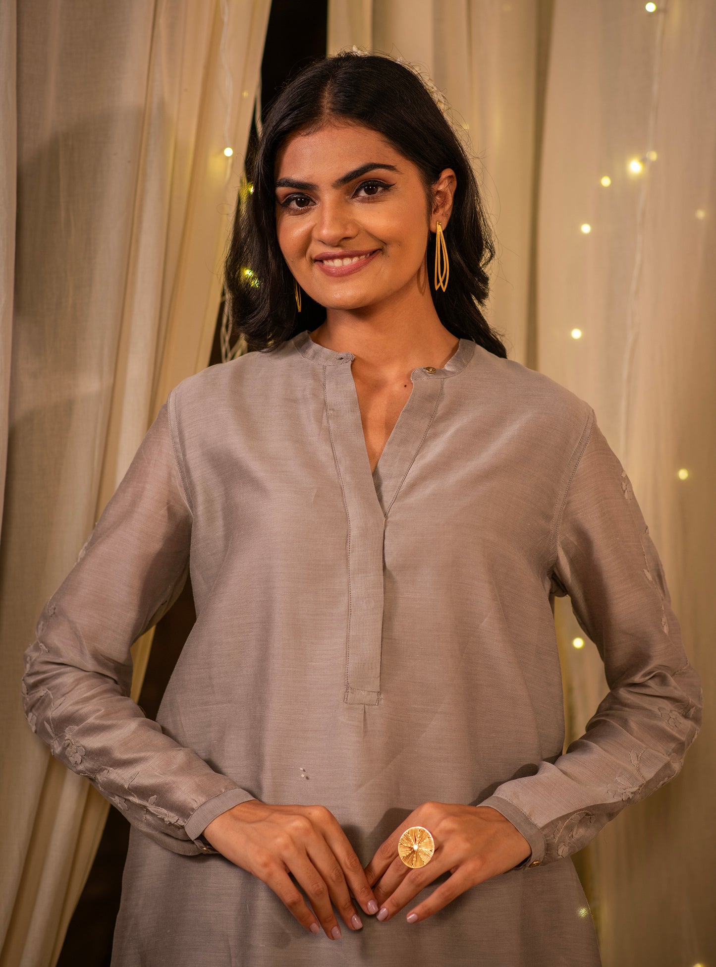 Aqila Top : Hand Applique Grey Chanderi