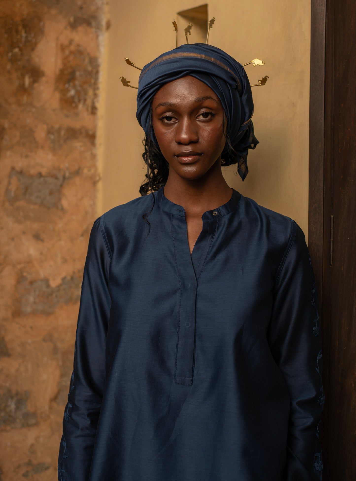 Aqila Top : Hand Applique Navy Chanderi