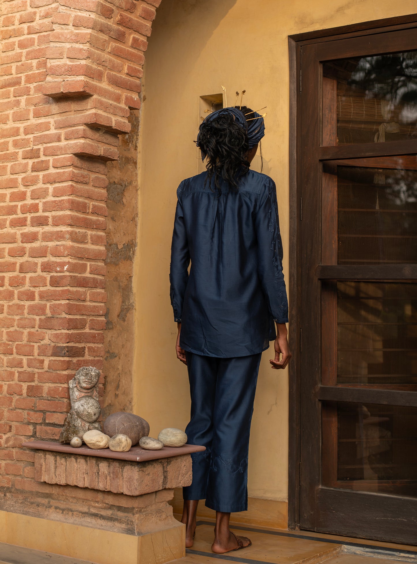 Aqila Top : Hand Applique Navy Chanderi