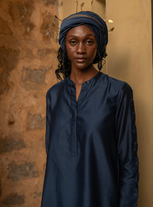 Aqila Top : Hand Applique Navy Chanderi