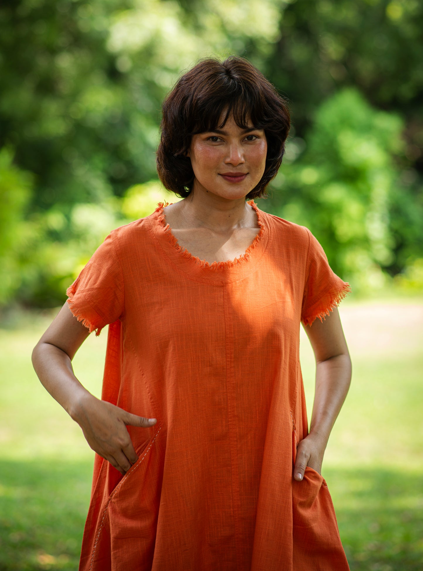 Balloon Dress : Solid Orange Slub