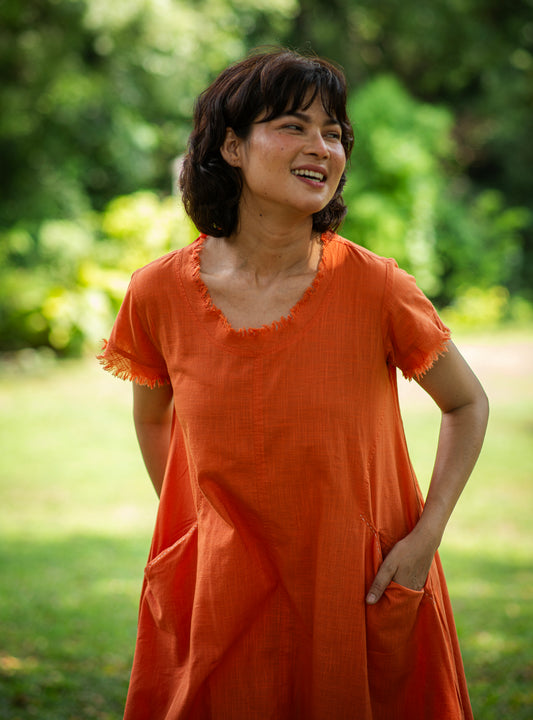 Balloon Dress : Solid Orange Slub