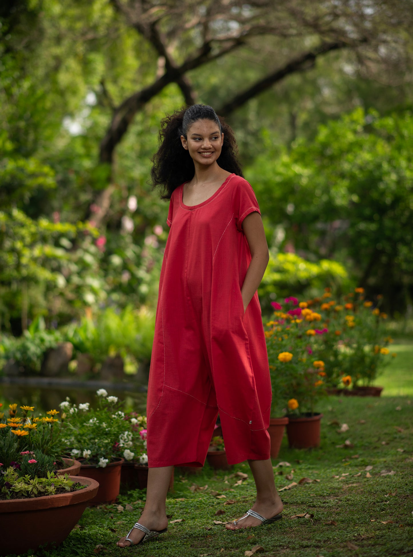Balloon Jumpsuit : Solid Coral Slub