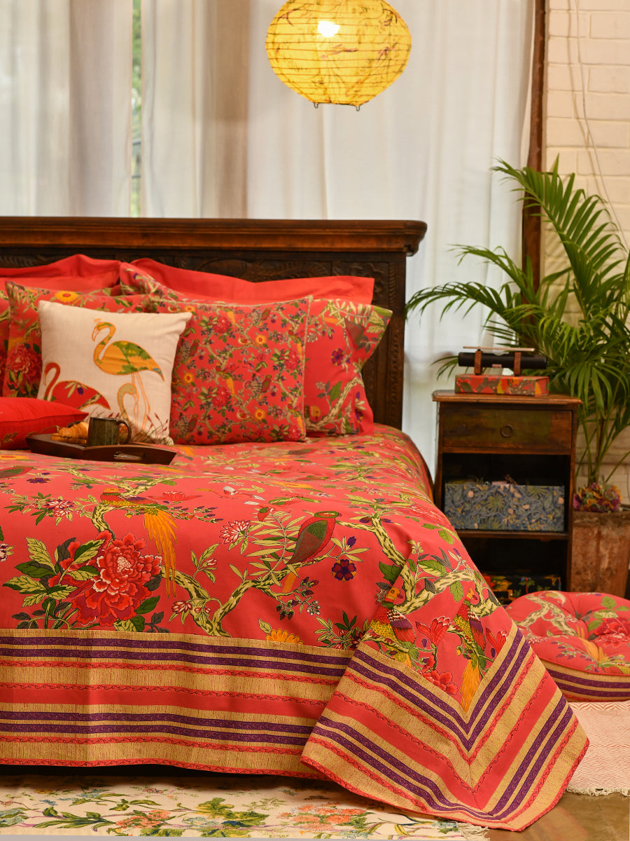 Printed Pillow Cover Reversible : Bird Coral Sheeting