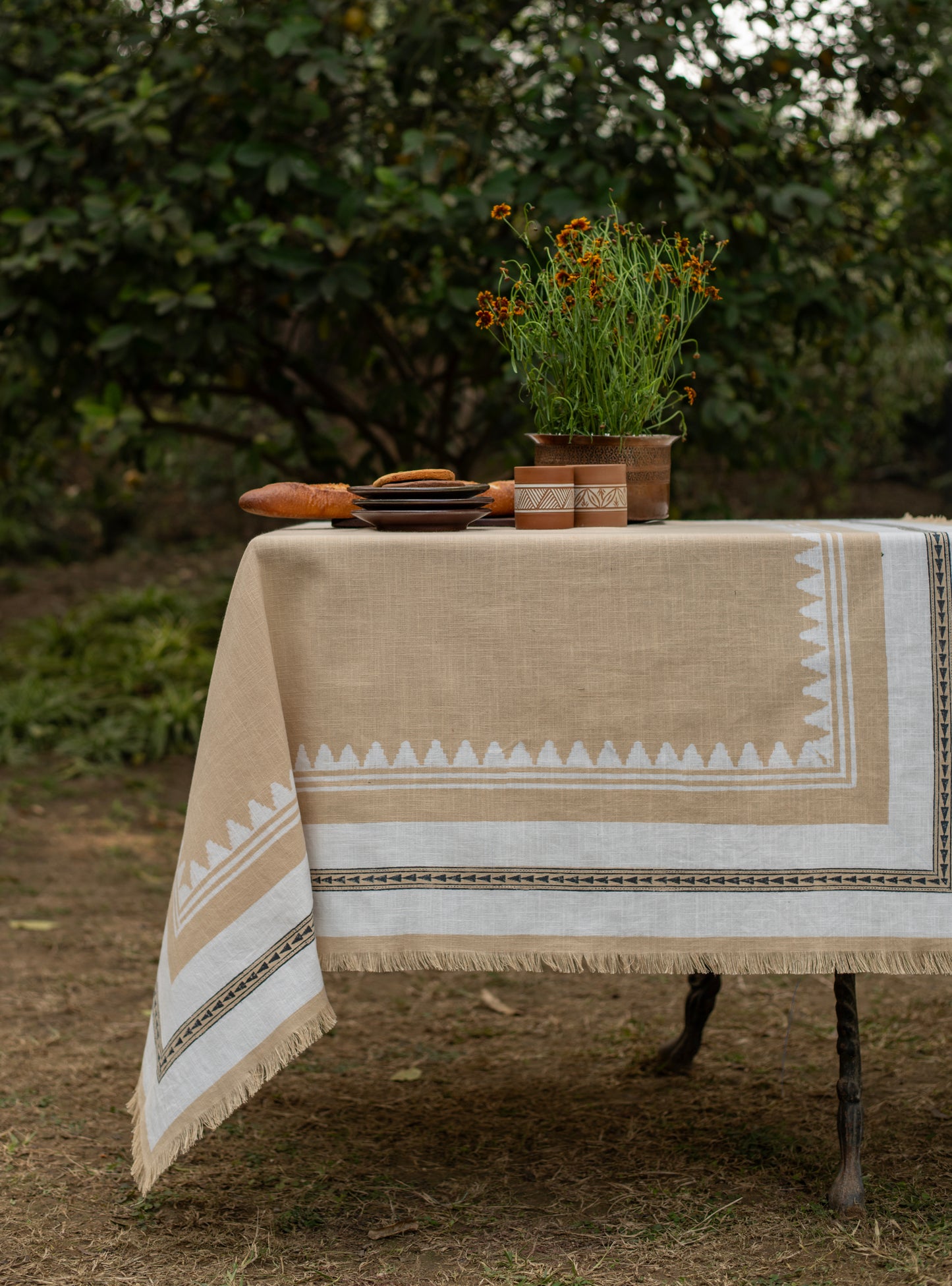 Block Printed Table Cloth : Boro Wheat Textured