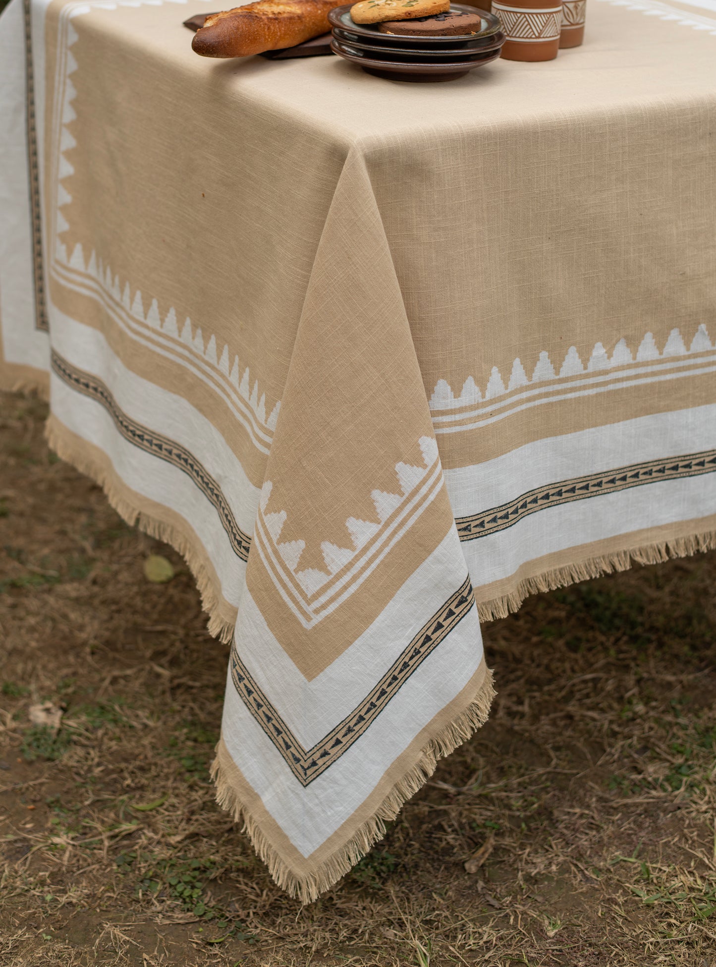 Block Printed Table Cloth : Boro Wheat Textured