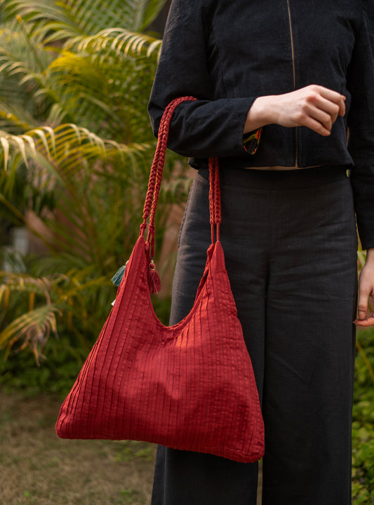 Braid Sling Bag : Reversible Maroon Cotton Satin