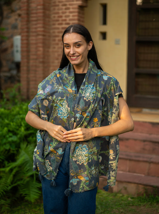 Button Stole : Bird Graphite Voile