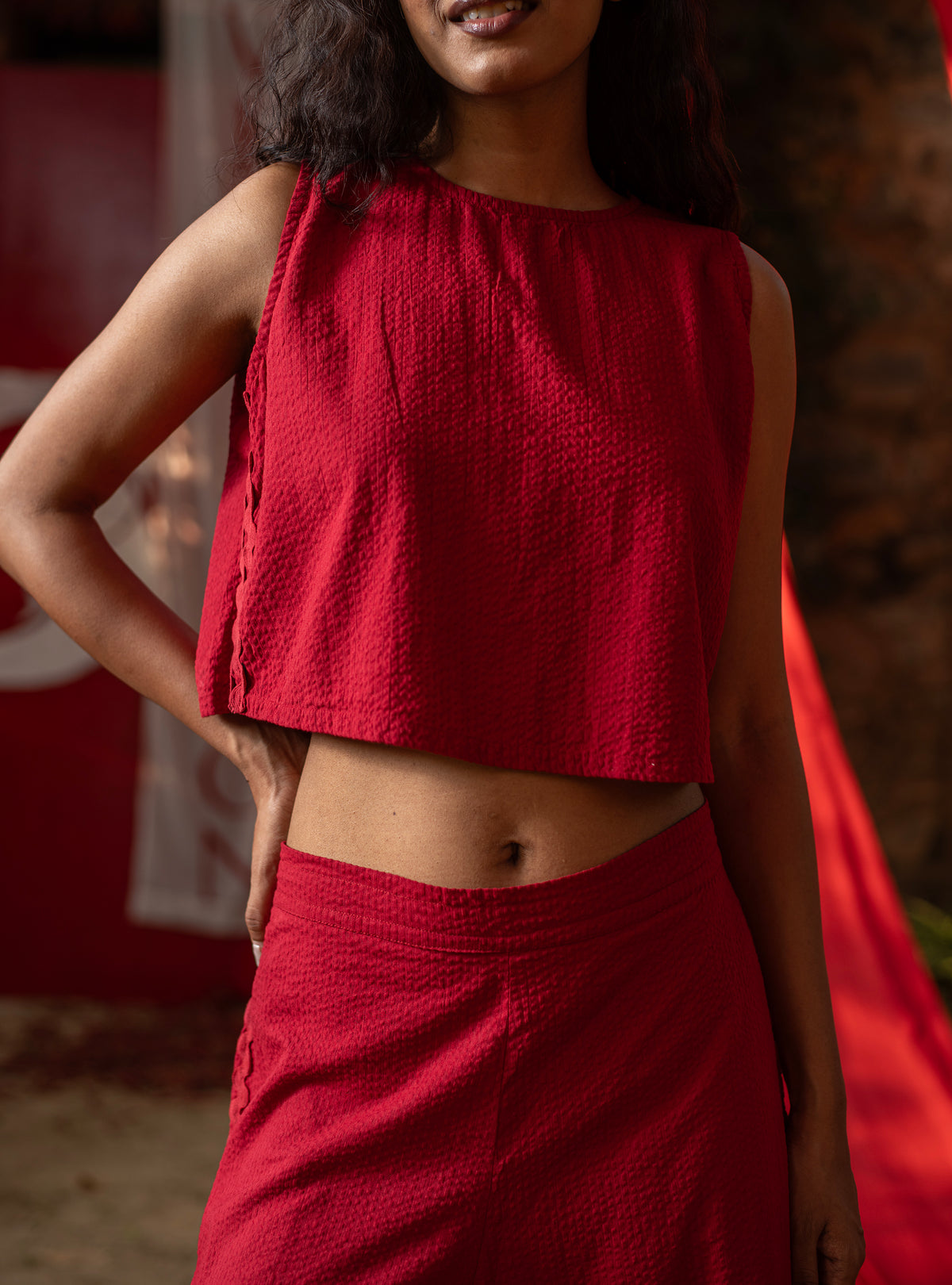 Cecily Top : Solid Red Seersucker Cotton