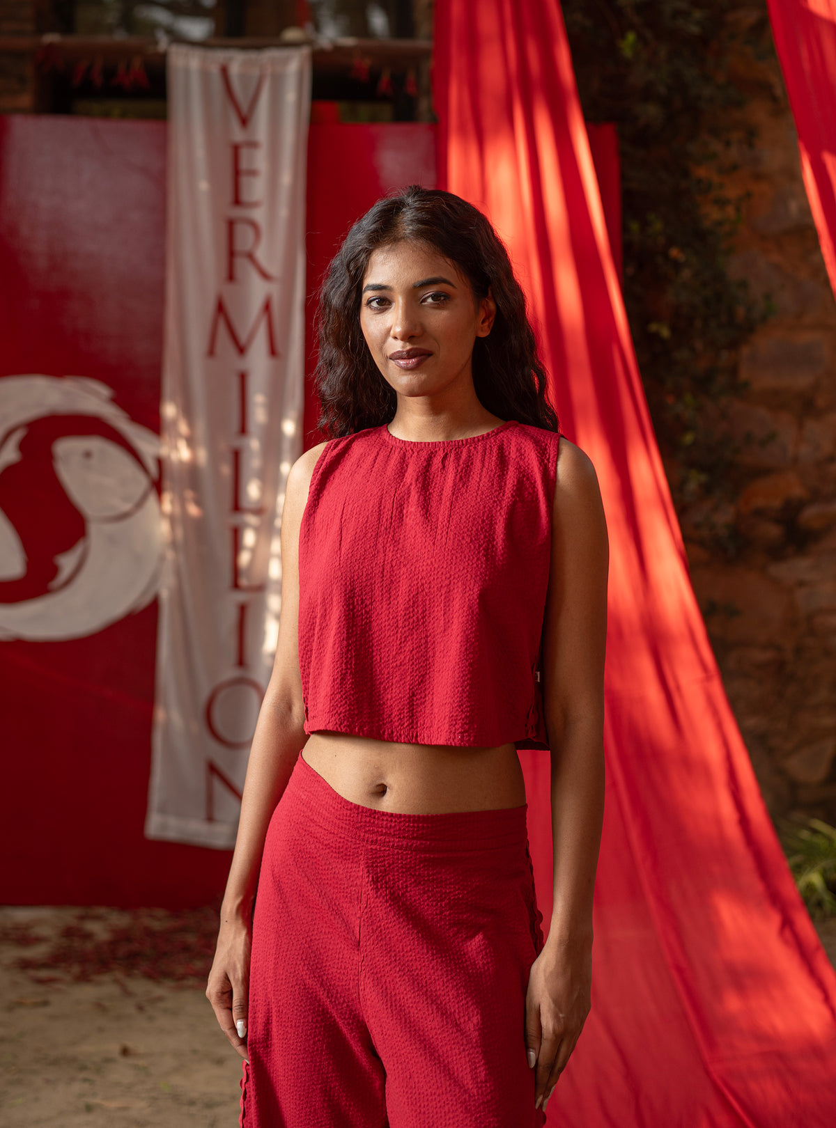Cecily Top : Solid Red Seersucker Cotton