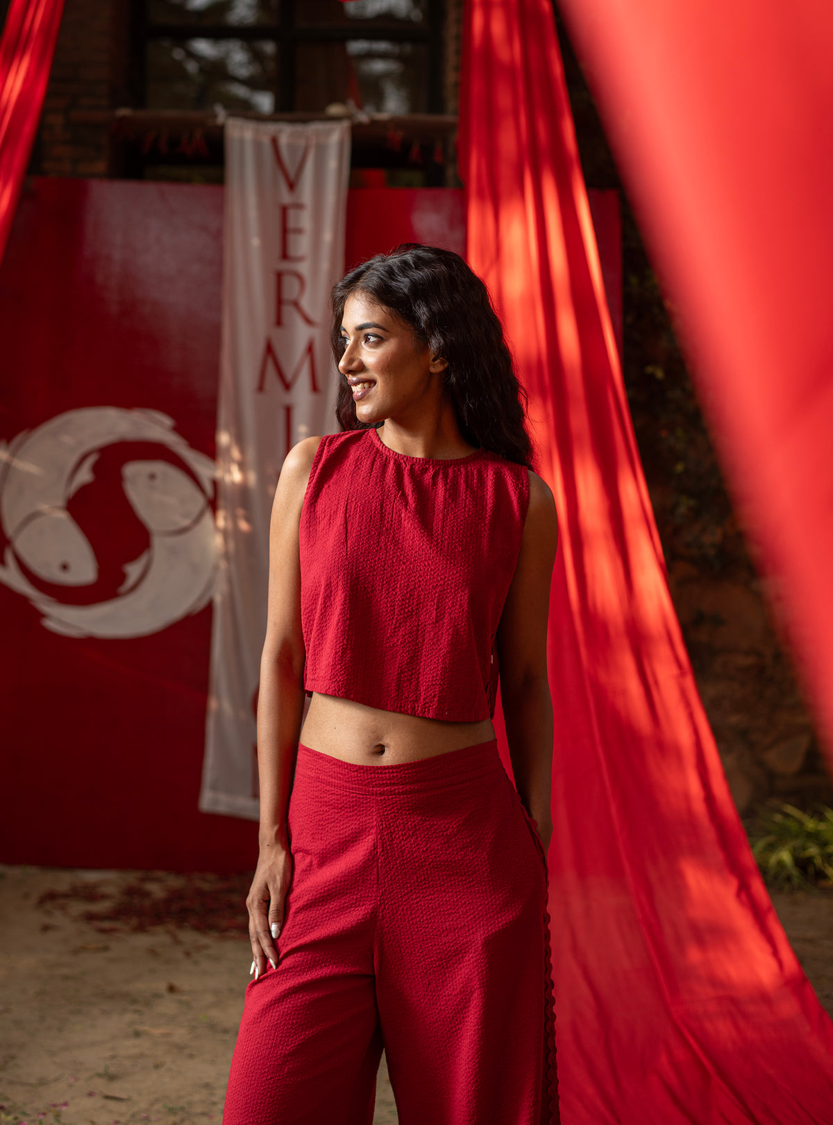 Cecily Top : Solid Red Seersucker Cotton