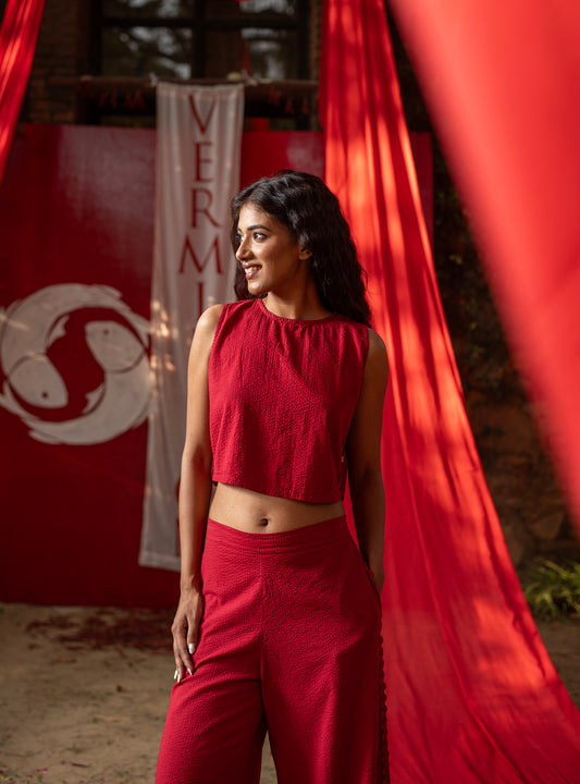 Cecily Top : Solid Red Seersucker Cotton
