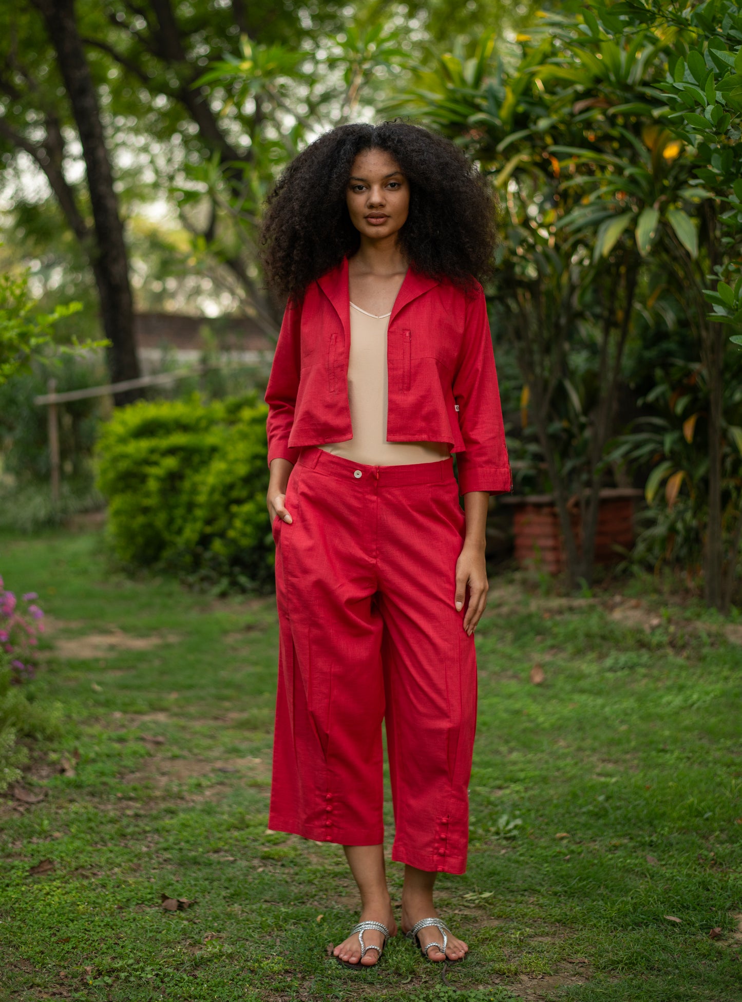 Crop Pant : Solid Coral Slub