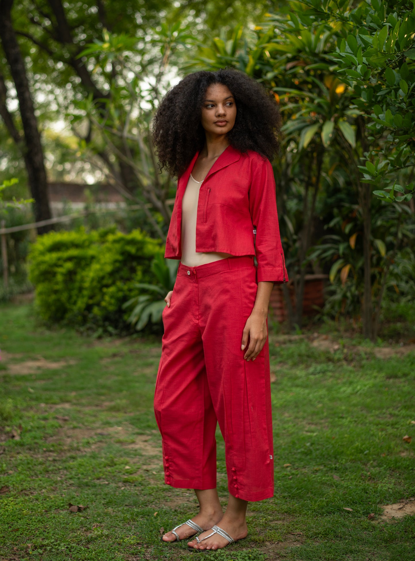Crop Pant : Solid Coral Slub