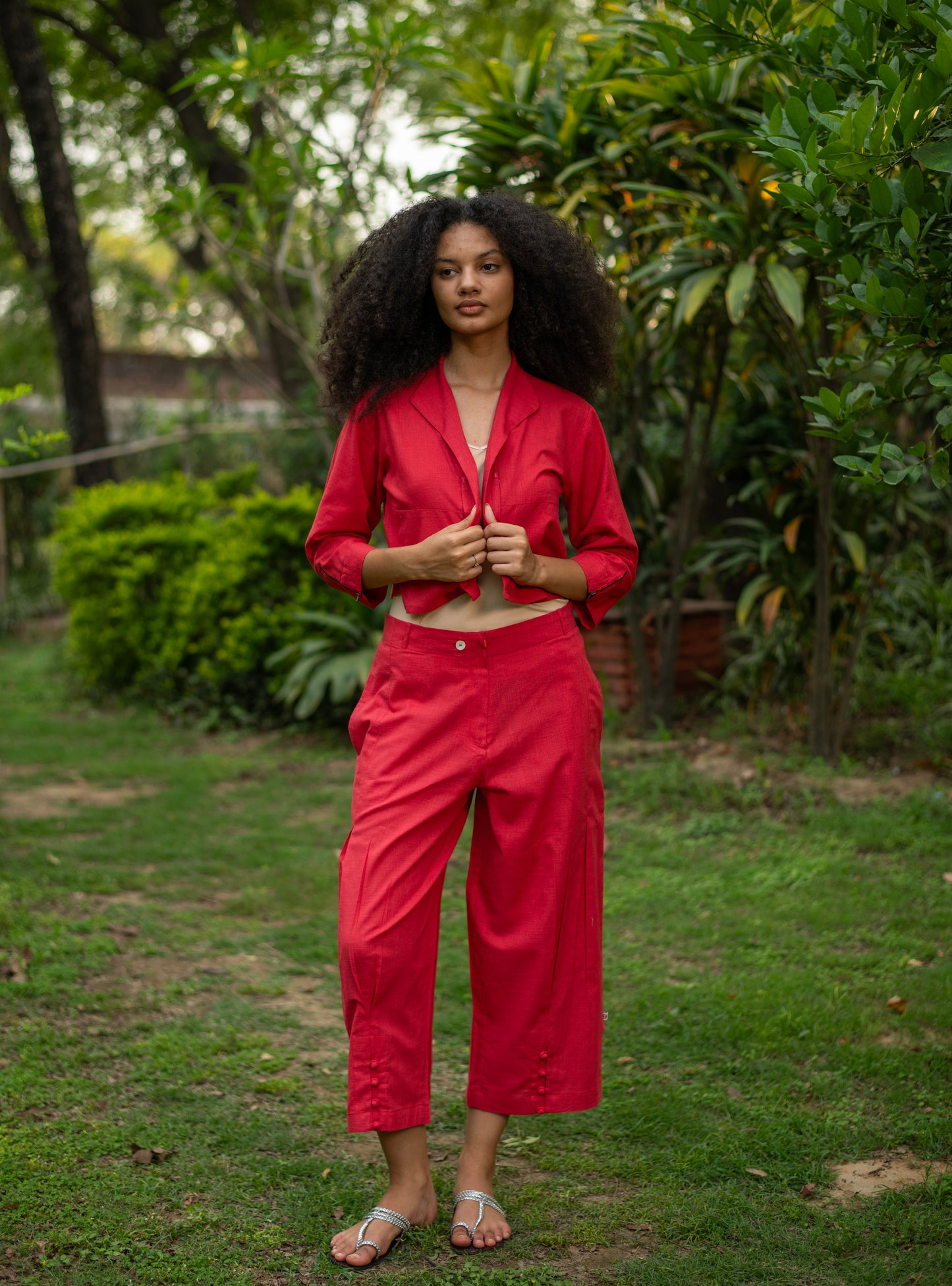 Crop Pant : Solid Coral Slub