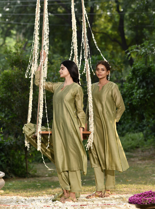 Devi Pant : Olive Cotton Satin