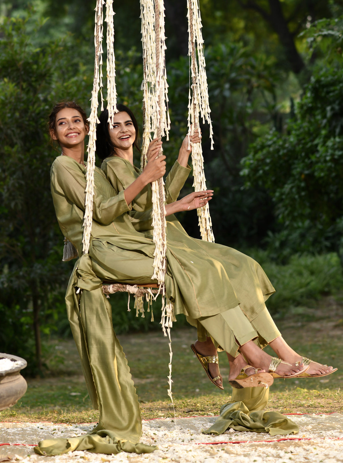 Devi Pant : Olive Cotton Satin