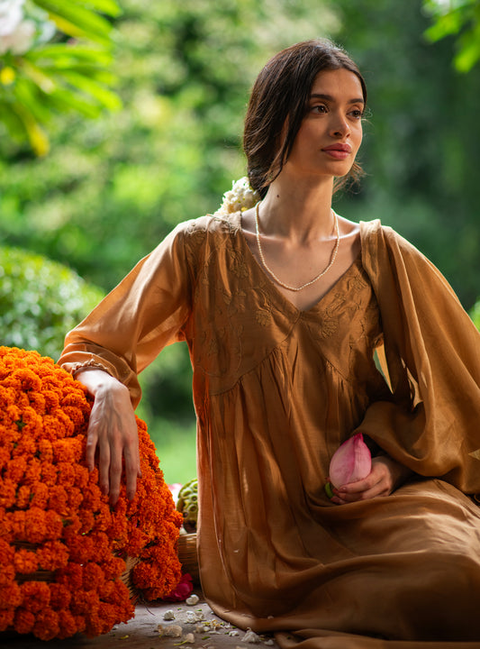Kovalam Dress : Hand Applique Gold Chanderi