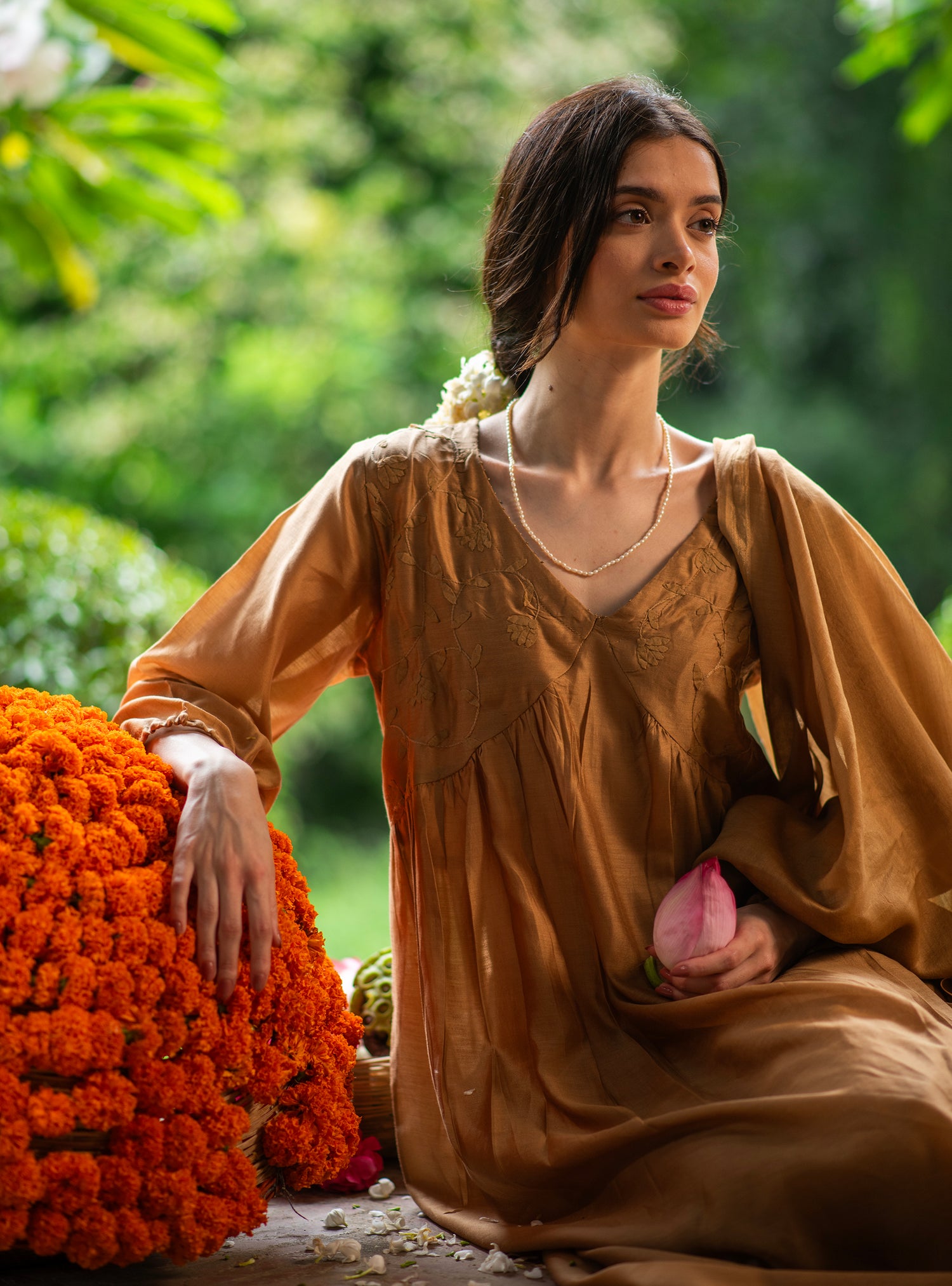 Kovalam Dress : Hand Applique Gold Chanderi