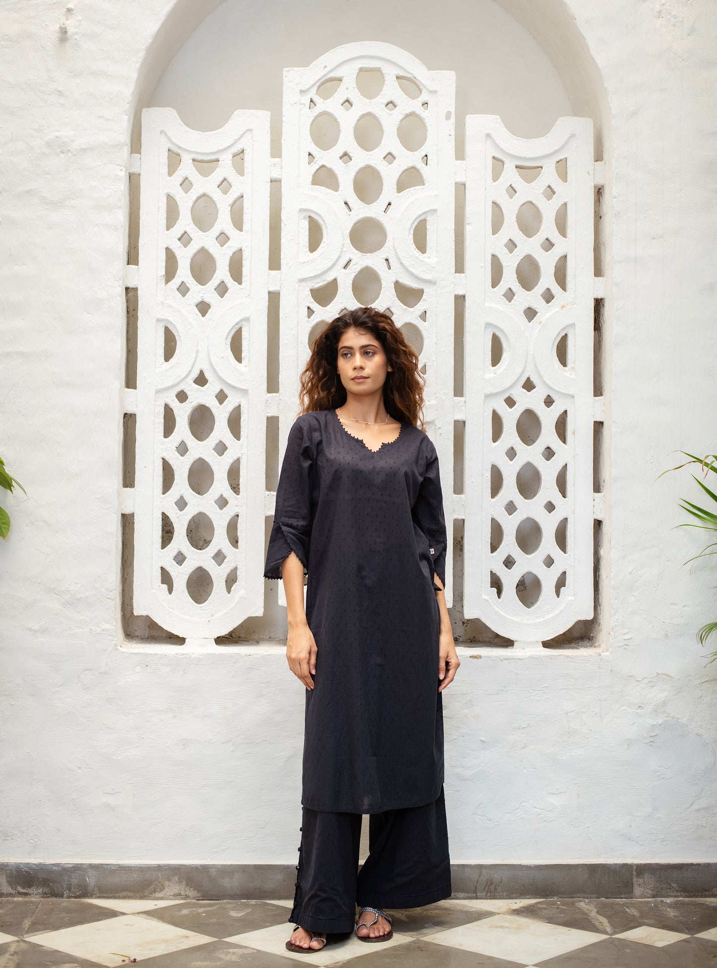 Cuff Kurta : Solid Black Swiss Dot Voile