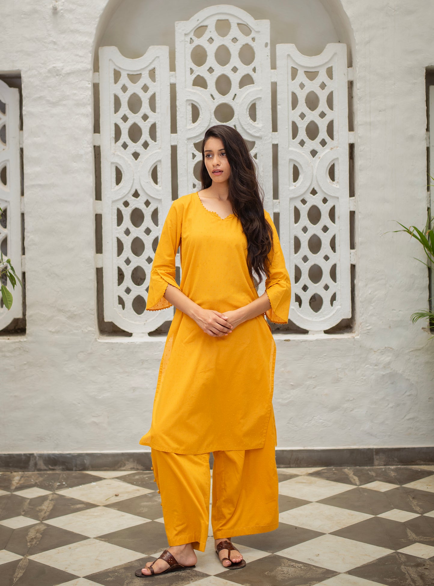Cuff Kurta : Solid Haldi Swiss Dot Voile