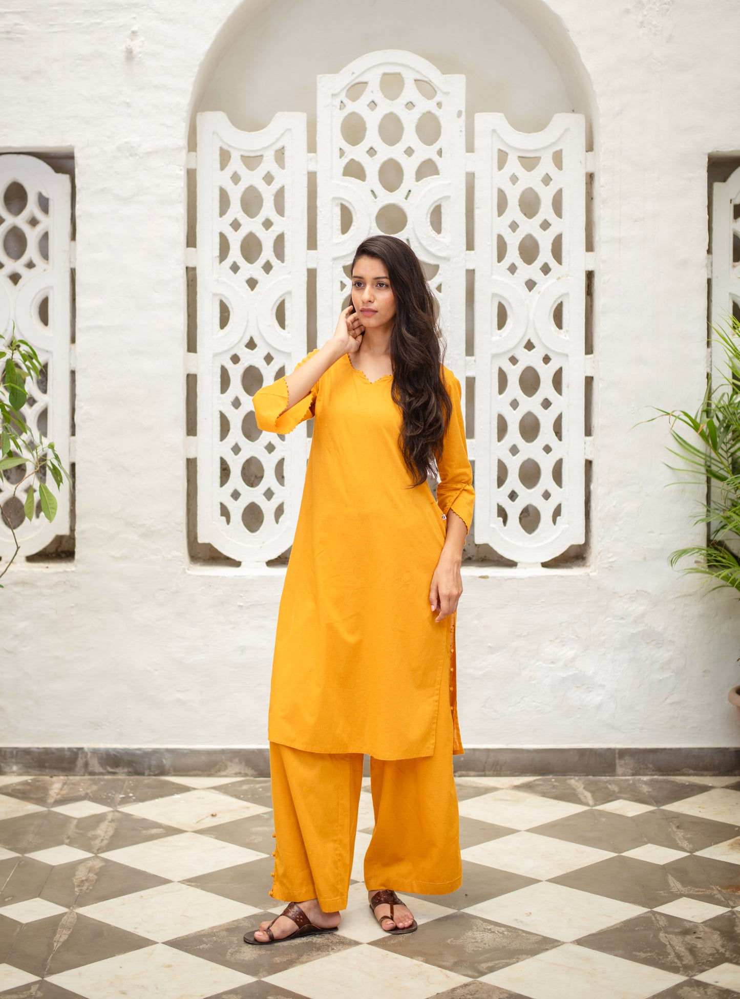 Blake Pant : Solid Haldi Swiss Dot Voile