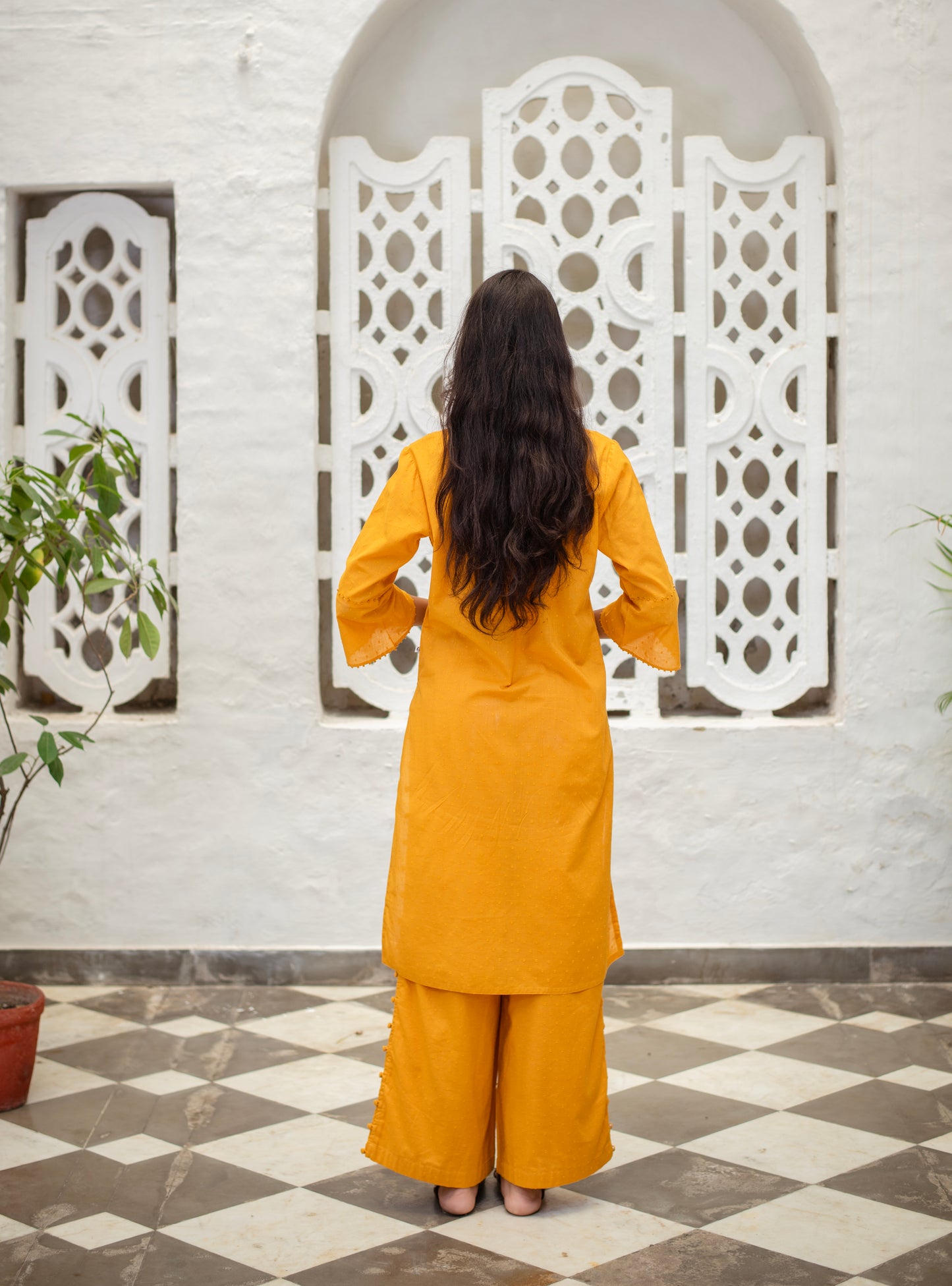 Blake Pant : Solid Haldi Swiss Dot Voile