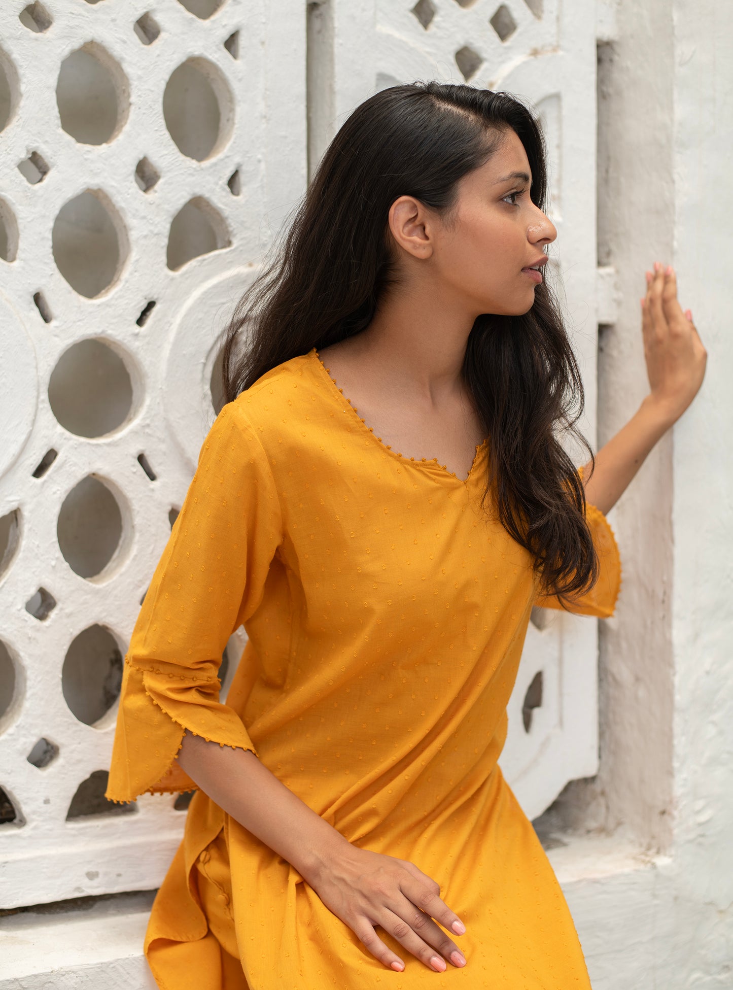 Cuff Kurta : Solid Haldi Swiss Dot Voile