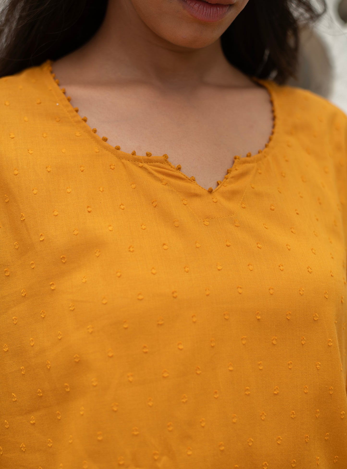 Cuff Kurta : Solid Haldi Swiss Dot Voile