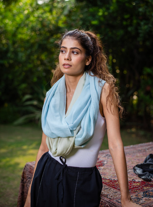 Double Layered Stole : Solid Light Sage+Light Blue Soft Wool