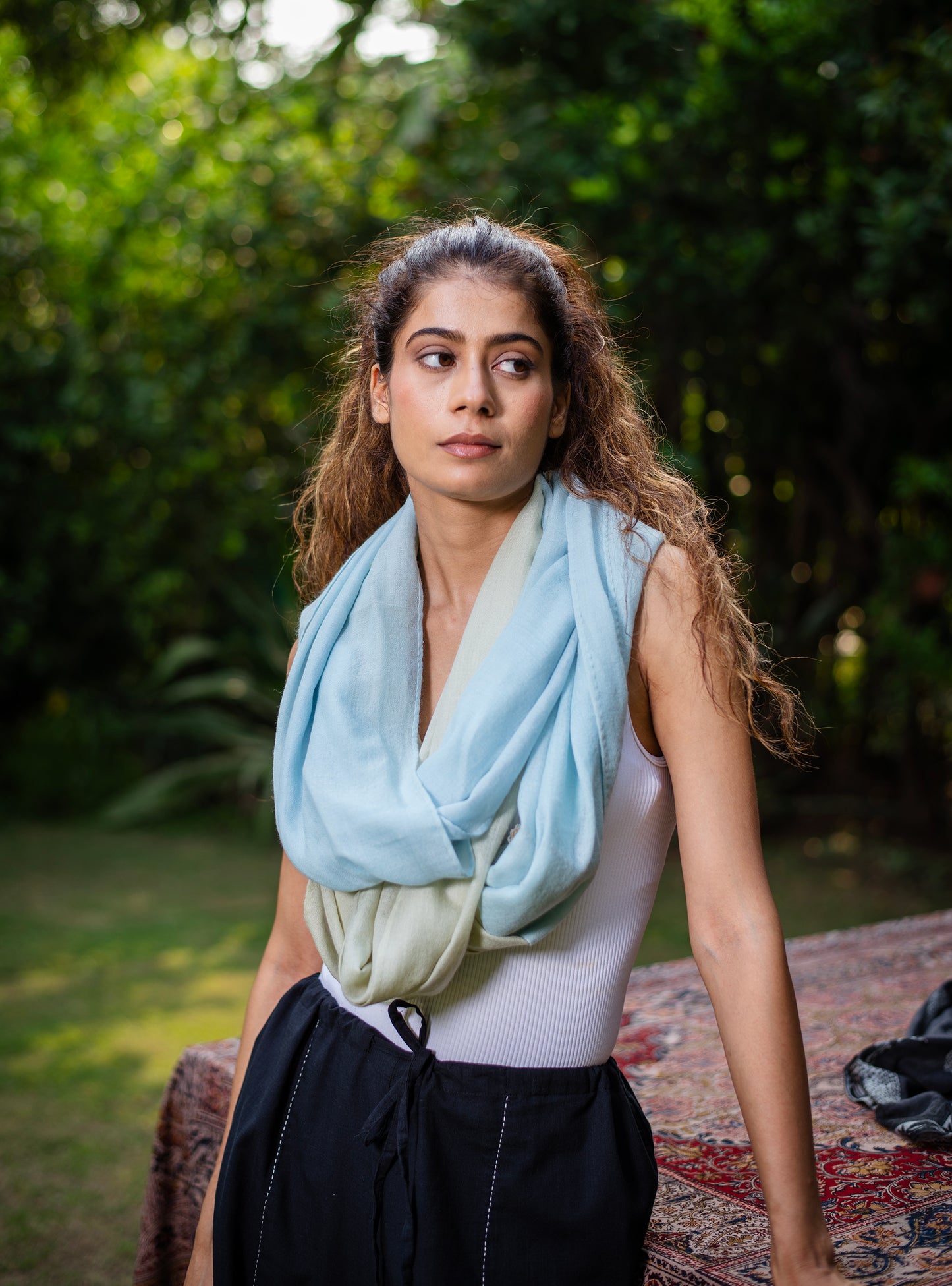 Double Layered Stole : Solid Light Sage+Light Blue Soft Wool