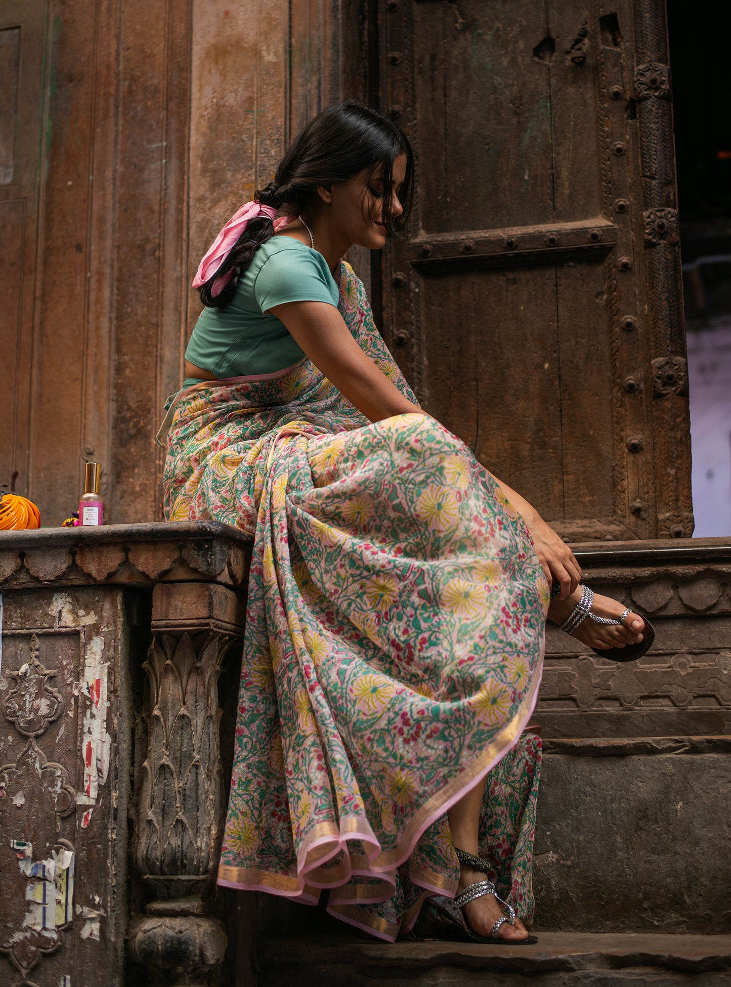 Saree : Palm Pink Kota Cotton