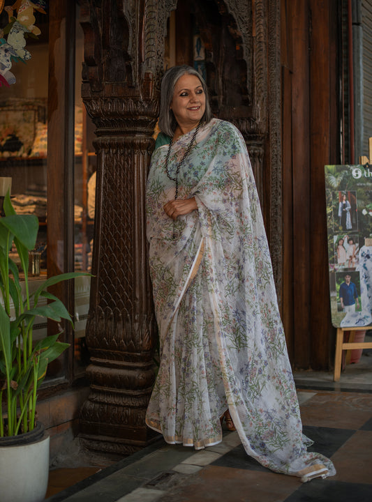 Saree : Meadow White Kota Cotton