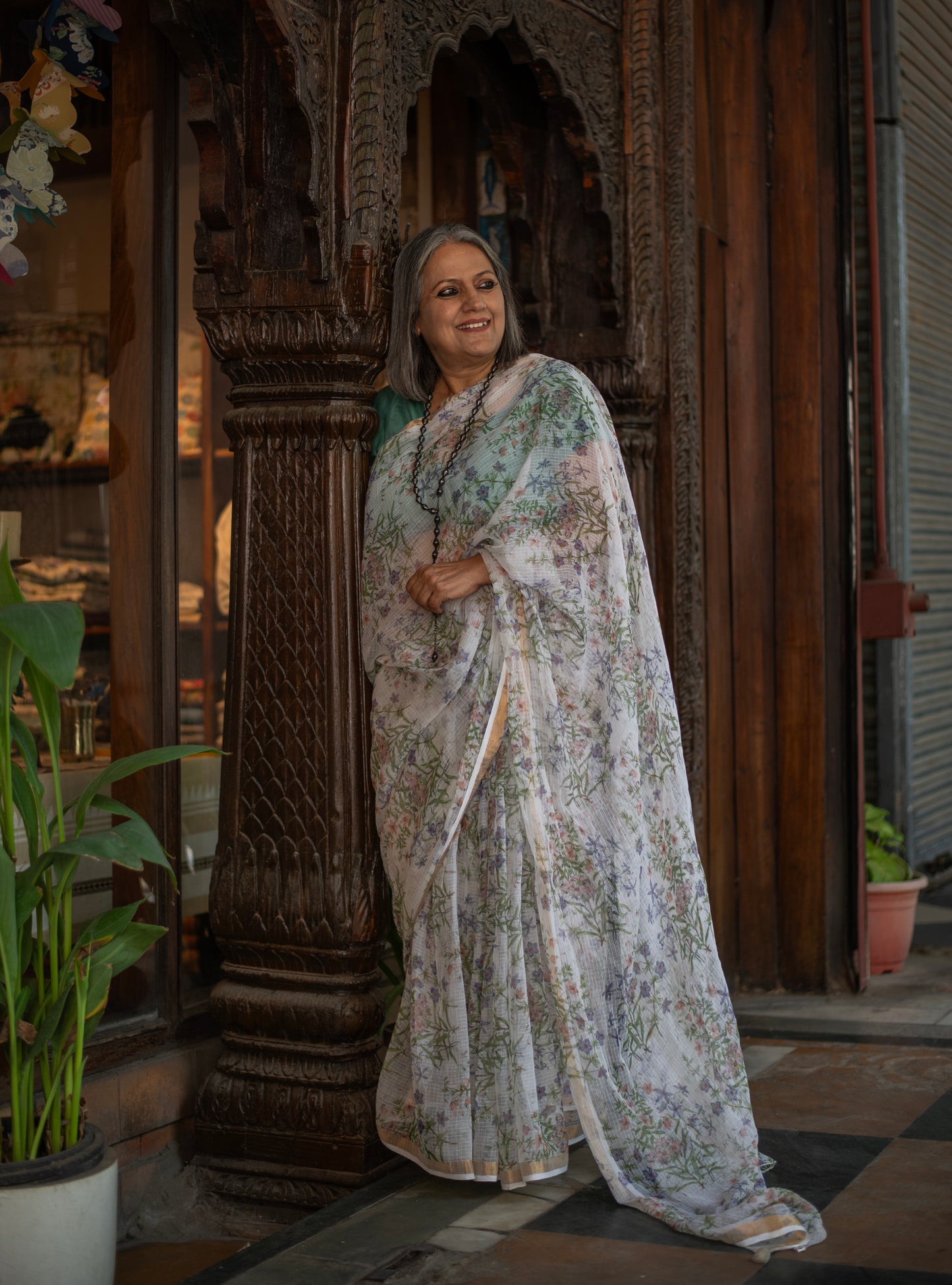 Saree : Meadow White Kota Cotton