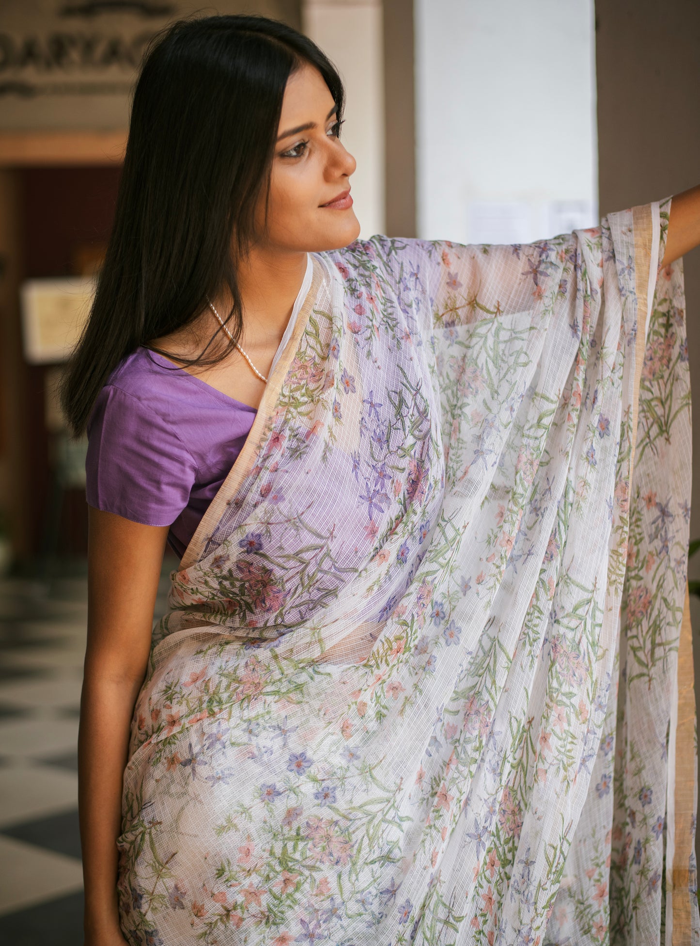 Saree : Meadow White Kota Cotton