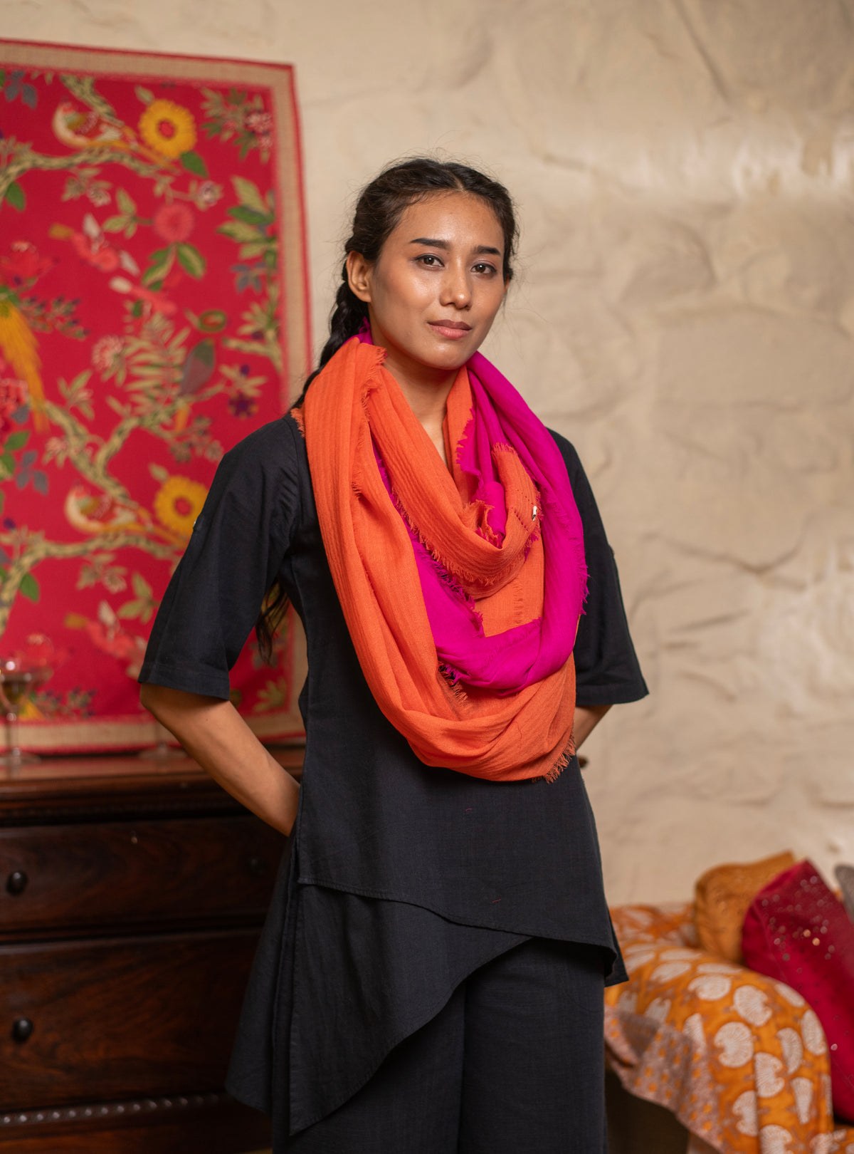 Double Layered Stole :  Solid Rani+Orange Matty Wool