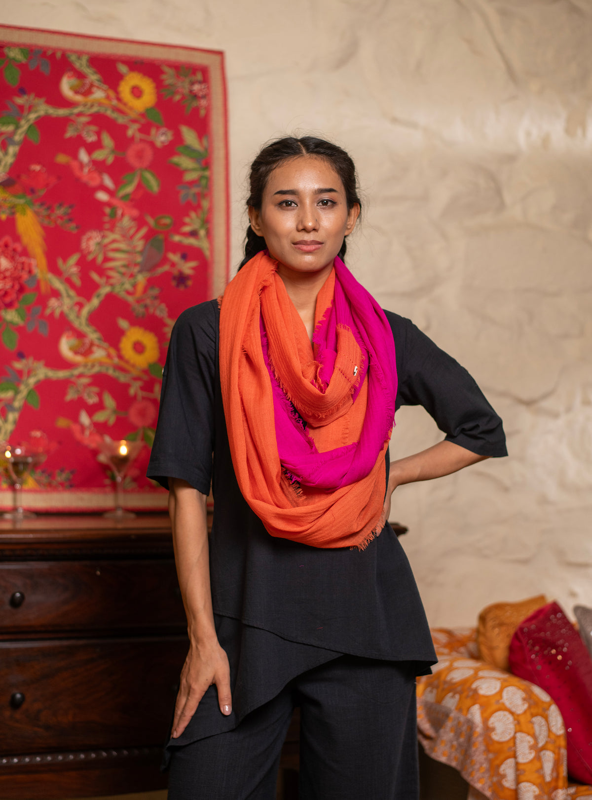 Double Layered Stole :  Solid Rani+Orange Matty Wool