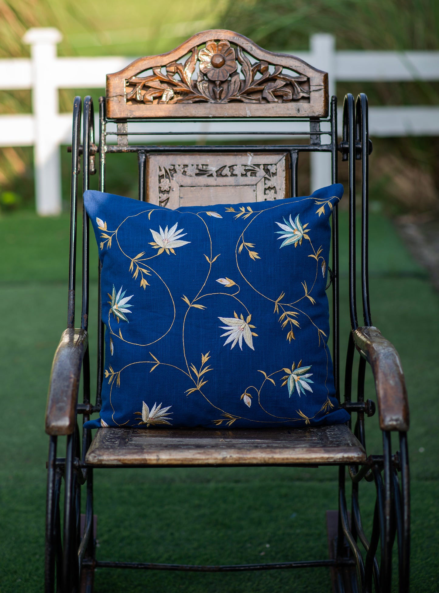Embroidered Cushion Cover : Floral Navy Textured